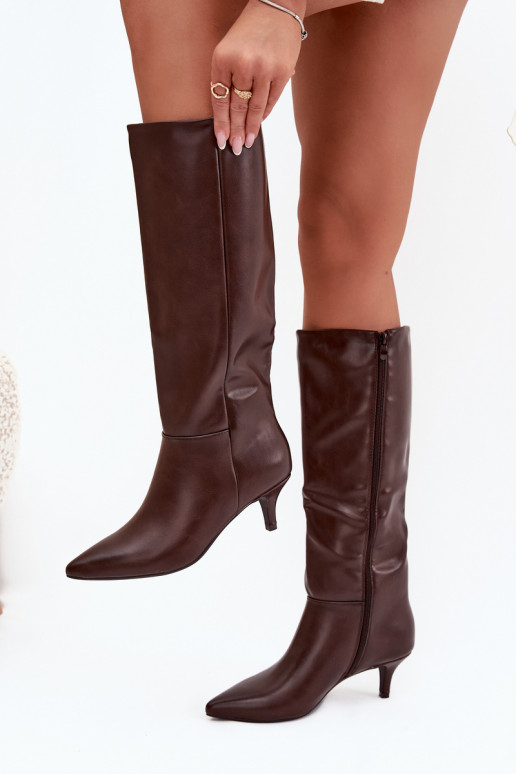 Botas longas femininas de salto baixo, aquecidas, em couro ecológico, cor chocolate, Turircellia Botas longas femininas de salto baixo, aquecidas, em couro ecológico, cor chocolate, Turircellia