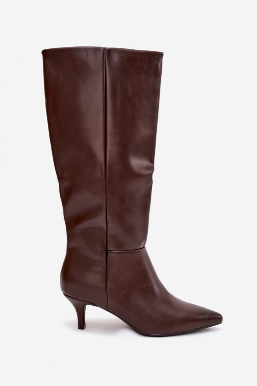 Botas longas femininas de salto baixo, aquecidas, em couro ecológico, cor chocolate, Turircellia Botas longas femininas de salto baixo, aquecidas, em couro ecológico, cor chocolate, Turircellia