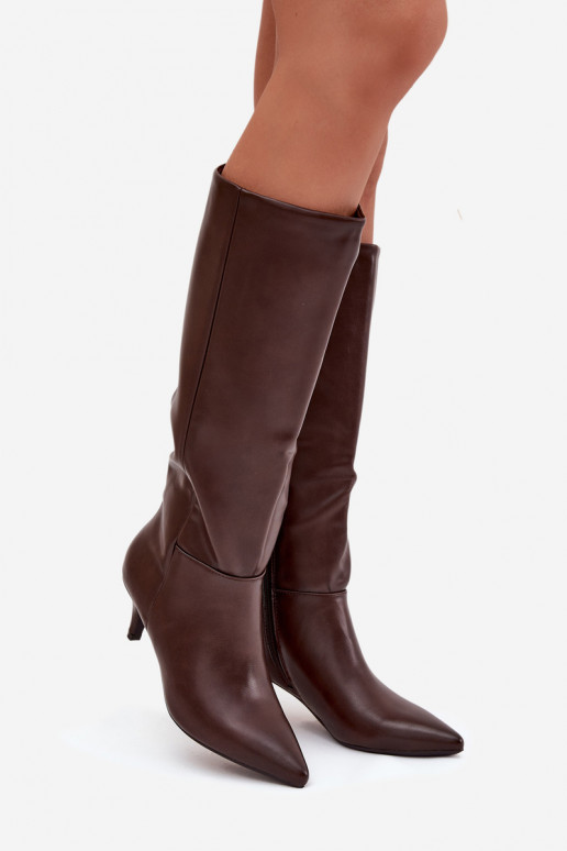Botas longas femininas de salto baixo, aquecidas, em couro ecológico, cor chocolate, Turircellia Botas longas femininas de salto baixo, aquecidas, em couro ecológico, cor chocolate, Turircellia