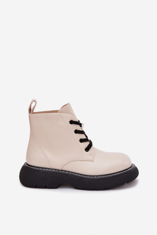 Botins femininos aquecidos com plataforma e cadarços, cor marfim, Harmine Botins femininos aquecidos com plataforma e cadarços, cor marfim, Harmine