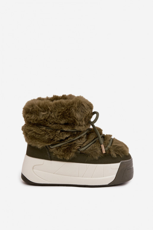 Botas de neve Feminino com uma plataforma com detalhes elegantes e um casaco de pele cor cáqui Kalivira