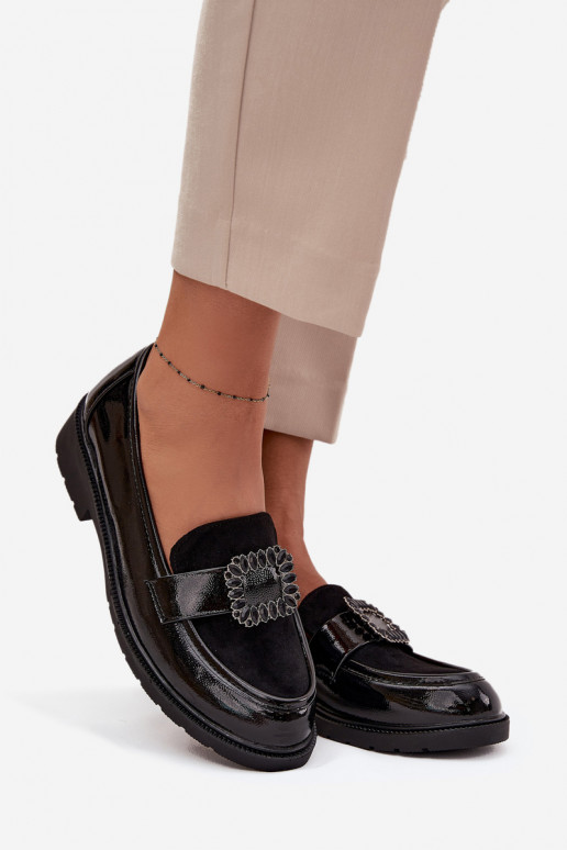 Mocassins lacados Feminino decorar com fivelas S.Barski HY52-546 cor preta
