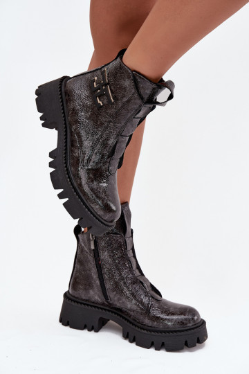 Pele com efeito verniz Botas femininas com enfeites aquecimento Artiker 57C2081 cor cinza