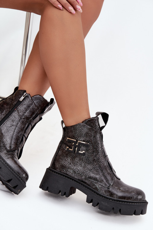 Pele com efeito verniz Botas femininas com enfeites aquecimento Artiker 57C2081 cor cinza