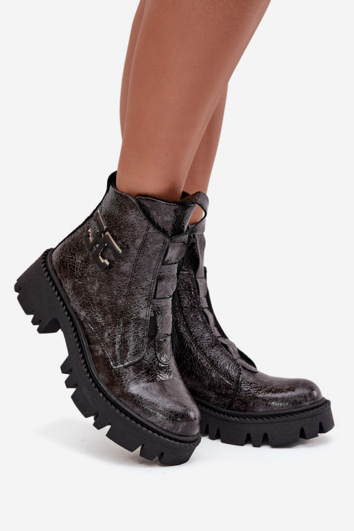 Pele com efeito verniz Botas femininas com enfeites aquecimento Artiker 57C2081 cor cinza