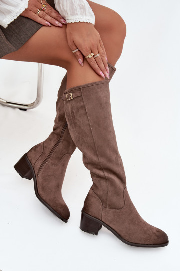 Botas quentes com salto com fivelas douradas Vinceza 58589 bege