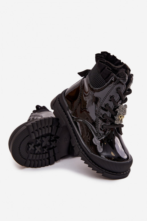 com efeito verniz Botas Infantil aquecimentoPrzypinką ursinhos de pelúcia cor preta Fionessa com efeito verniz Botas Infantil aquecimentoPrzypinką ursinhos de pelúcia cor preta Fionessa