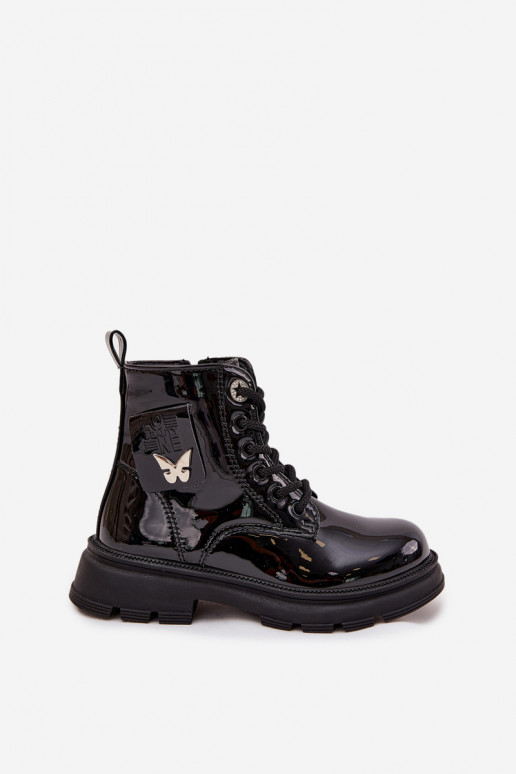 aquecimento Botas Infantil Casal o castelo com efeito verniz cor preta Alverina aquecimento Botas Infantil Casal o castelo com efeito verniz cor preta Alverina