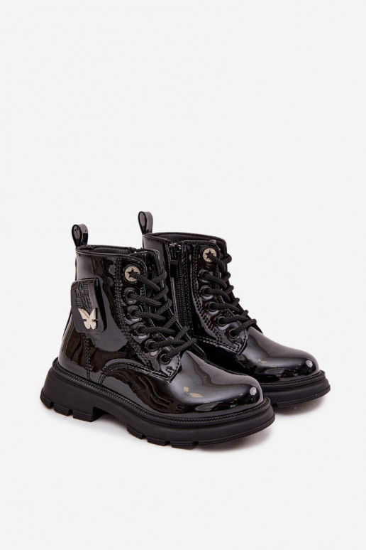 aquecimento Botas Infantil Casal o castelo com efeito verniz cor preta Alverina aquecimento Botas Infantil Casal o castelo com efeito verniz cor preta Alverina