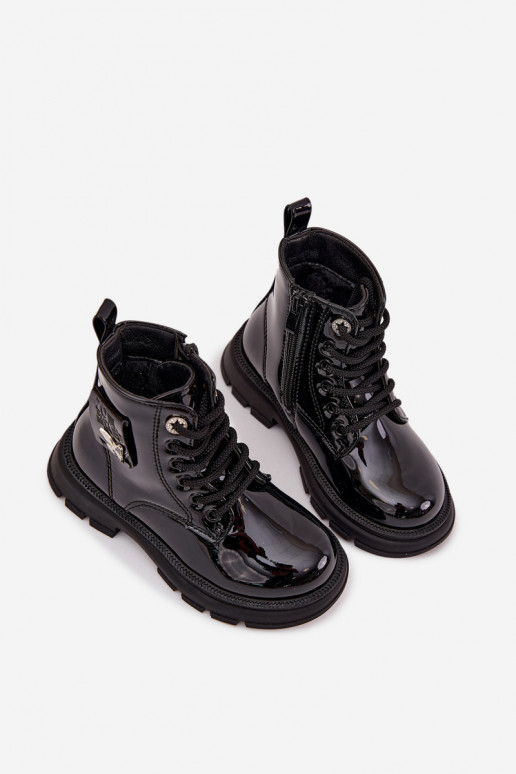 aquecimento Botas Infantil Casal o castelo com efeito verniz cor preta Alverina aquecimento Botas Infantil Casal o castelo com efeito verniz cor preta Alverina