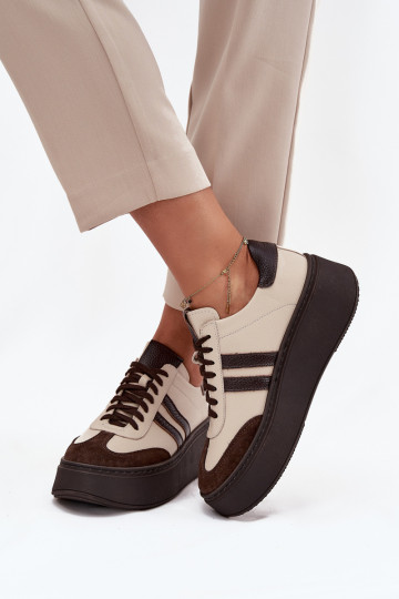 Pele À modalo de tênis Feminino com uma plataforma Zazoo 3775 bege-CzekoladoParae