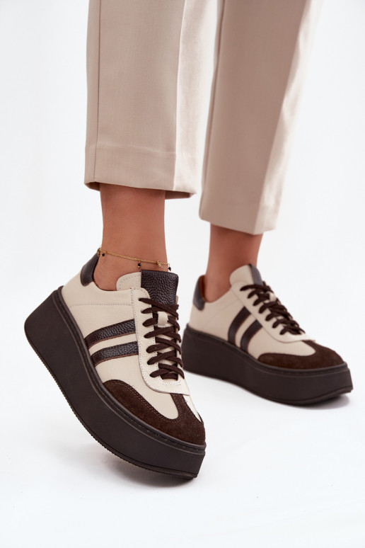 Pele À modalo de tênis Feminino com uma plataforma Zazoo 3775 bege-CzekoladoParae