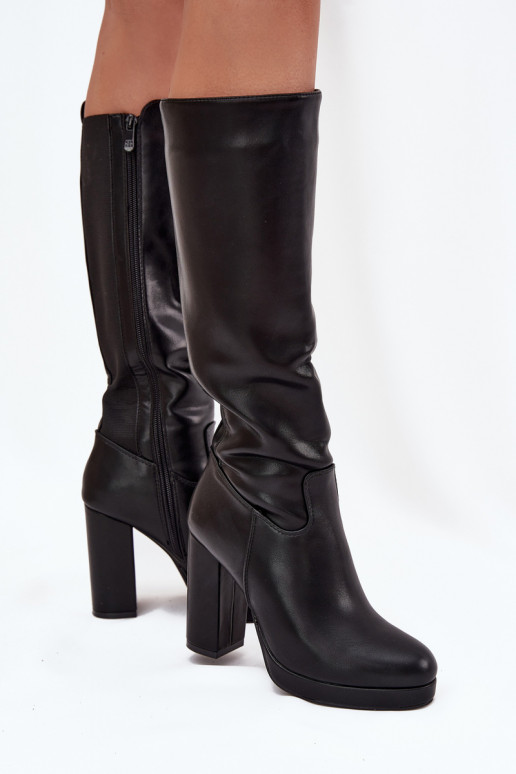 Botas femininas de cano longo até o joelho com salto, couro ecológico, pretas Thalina