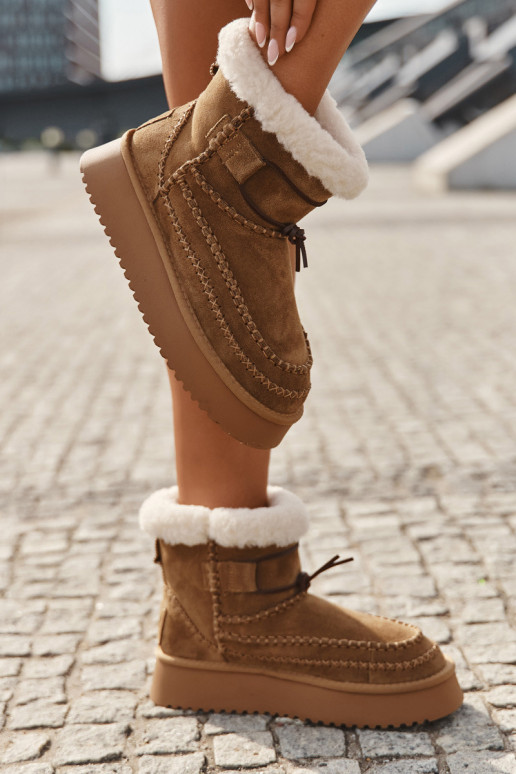 Botas de neve femininas de camurça com detalhes costurados, Big Star SS274373, cor marrom Botas de neve femininas de camurça com detalhes costurados, Big Star SS274373, cor marrom