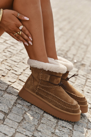 Botas de neve femininas de camurça com detalhes costurados, Big Star SS274373, cor marrom 2