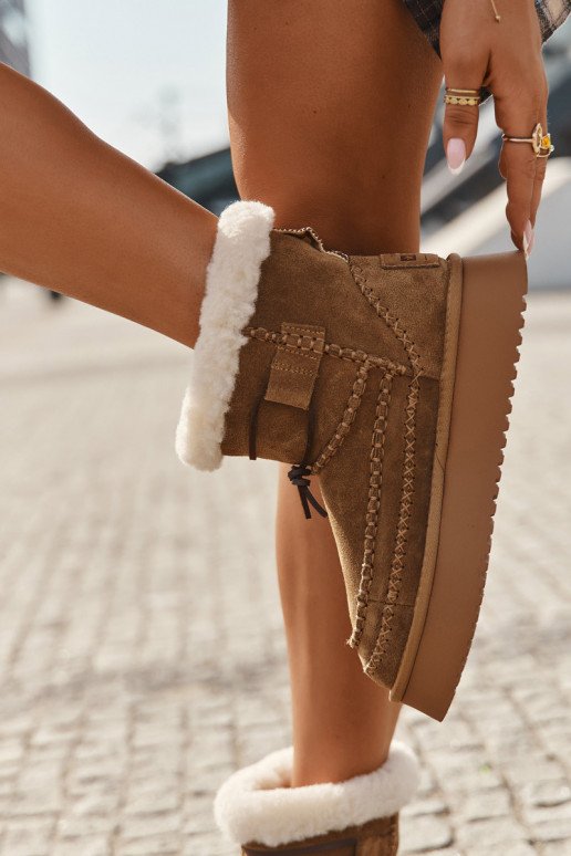 Botas de neve femininas de camurça com detalhes costurados, Big Star SS274373, cor marrom Botas de neve femininas de camurça com detalhes costurados, Big Star SS274373, cor marrom