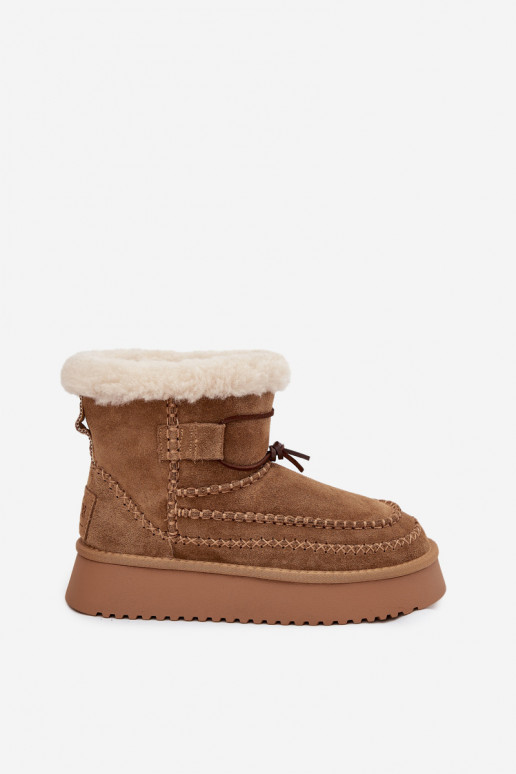 Botas de neve femininas de camurça com detalhes costurados, Big Star SS274373, cor marrom Botas de neve femininas de camurça com detalhes costurados, Big Star SS274373, cor marrom