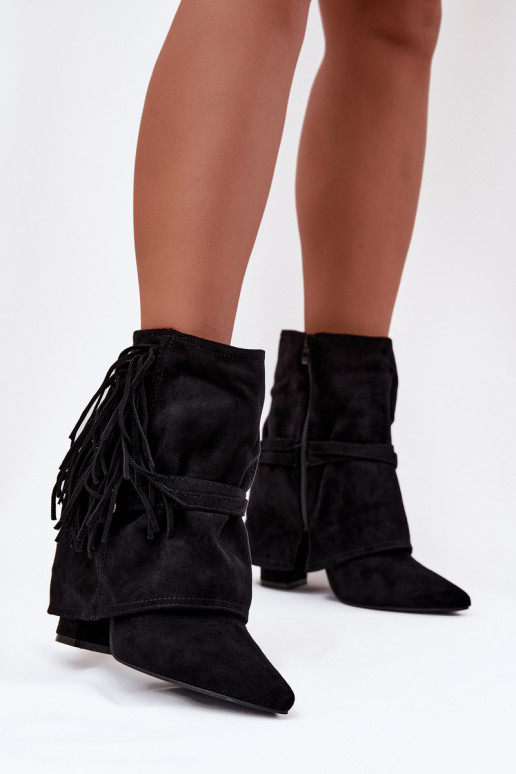 Botins femininos com franjas e fivelas douradas na cor preta "Evelisse" Botins femininos com franjas e fivelas douradas na cor preta "Evelisse"