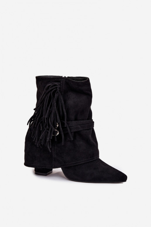 Botins femininos com franjas e fivelas douradas na cor preta "Evelisse" Botins femininos com franjas e fivelas douradas na cor preta "Evelisse"