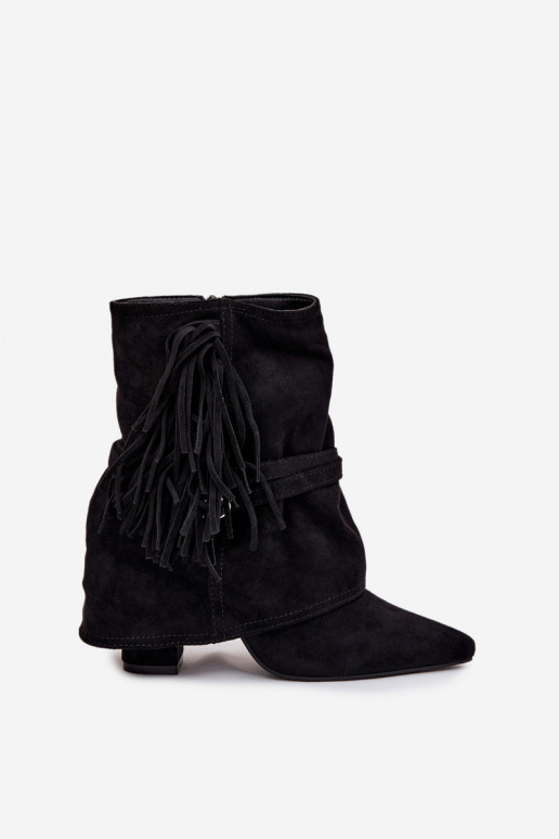 Botins femininos com franjas e fivelas douradas na cor preta "Evelisse" Botins femininos com franjas e fivelas douradas na cor preta "Evelisse"