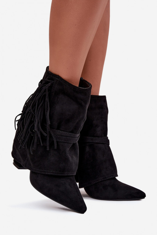 Botins femininos com franjas e fivelas douradas na cor preta "Evelisse" Botins femininos com franjas e fivelas douradas na cor preta "Evelisse"