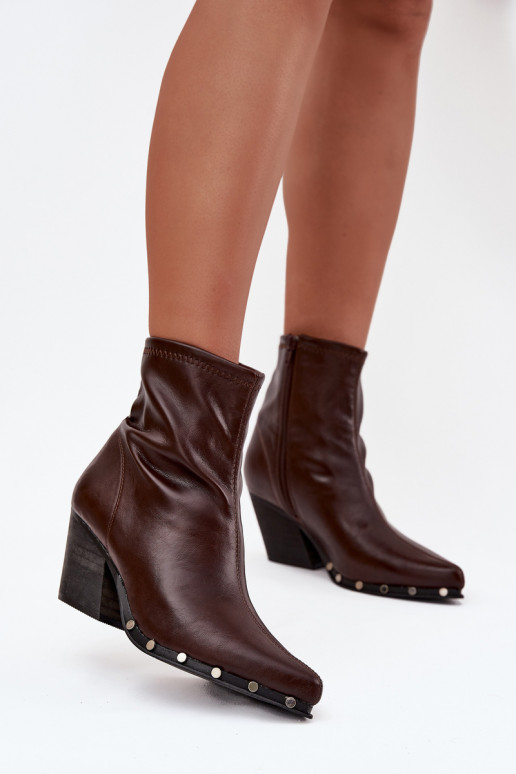 Botas femininas marrons estilo cowboy de couro ecológico com saltos Abrielle