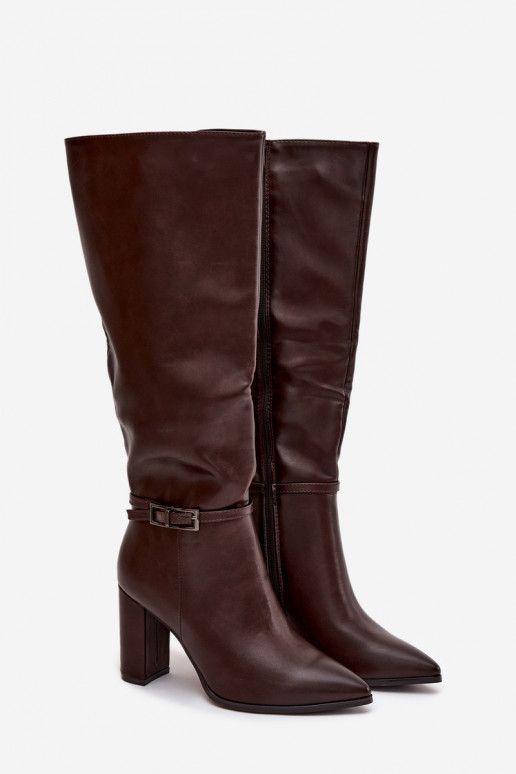 Botas aquecidas de cano longo com saltos e fivelas, chocolate, Fionelle Botas aquecidas de cano longo com saltos e fivelas, chocolate, Fionelle