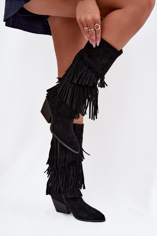 Botas longos de estilo cowboy com franjas, pretos, Brivina Botas longos de estilo cowboy com franjas, pretos, Brivina