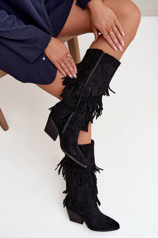 Botas longos de estilo cowboy com franjas, pretos, Brivina Botas longos de estilo cowboy com franjas, pretos, Brivina