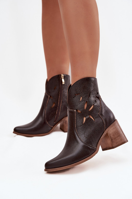 Botas femininas com elementos abertosHabilitadoturalnej Skóry com salto Zazoo 3690 CzekoladoParae