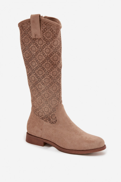 botas femininas com elementos abertos com salto largo S.Barski HY52-534 bege botas femininas com elementos abertos com salto largo S.Barski HY52-534 bege
