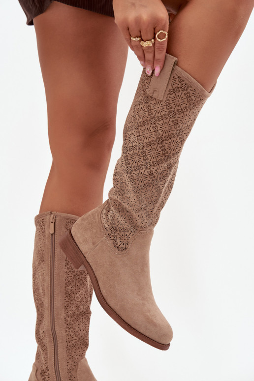 botas femininas com elementos abertos com salto largo S.Barski HY52-534 bege botas femininas com elementos abertos com salto largo S.Barski HY52-534 bege