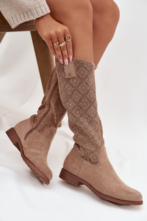botas femininas com elementos abertos com salto largo S.Barski HY52-534 bege botas femininas com elementos abertos com salto largo S.Barski HY52-534 bege