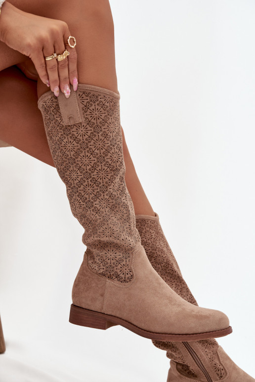 botas femininas com elementos abertos com salto largo S.Barski HY52-534 bege botas femininas com elementos abertos com salto largo S.Barski HY52-534 bege