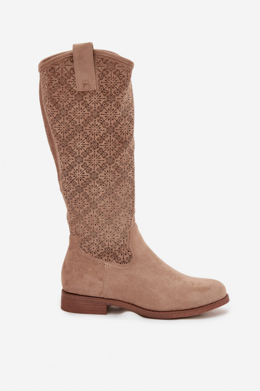 botas femininas com elementos abertos com salto largo S.Barski HY52-534 bege botas femininas com elementos abertos com salto largo S.Barski HY52-534 bege
