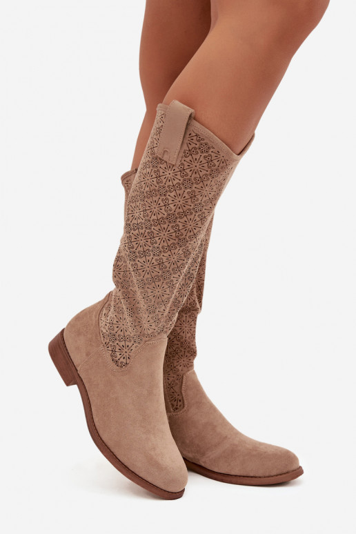 botas femininas com elementos abertos com salto largo S.Barski HY52-534 bege botas femininas com elementos abertos com salto largo S.Barski HY52-534 bege
