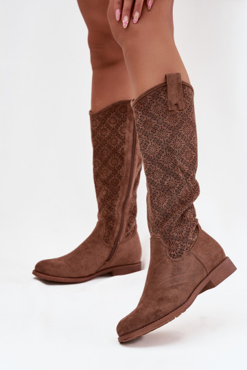 botas femininas com elementos abertos com salto largo S.Barski HY52-534 cor marrom