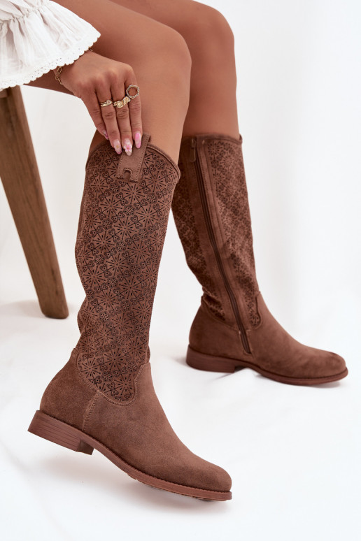 botas femininas com elementos abertos com salto largo S.Barski HY52-534 cor marrom