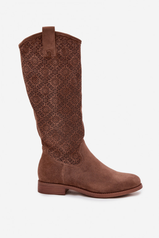 botas femininas com elementos abertos com salto largo S.Barski HY52-534 cor marrom