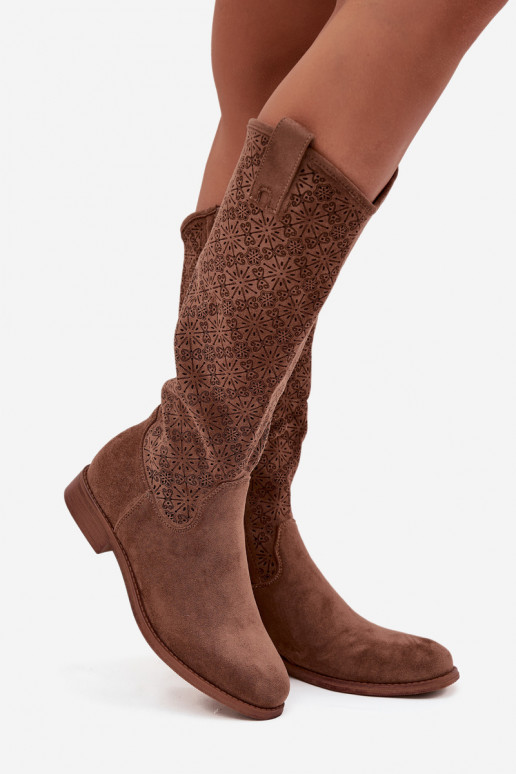 botas femininas com elementos abertos com salto largo S.Barski HY52-534 cor marrom