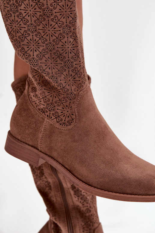 botas femininas com elementos abertos com salto largo S.Barski HY52-534 cor marrom