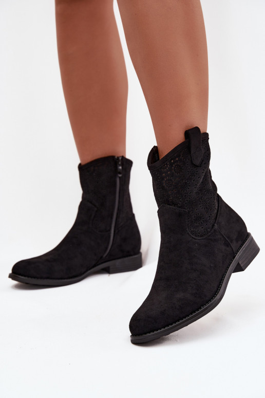 Botas femininas com salto largo com elementos abertos S.Barski HY52-530 cor preta