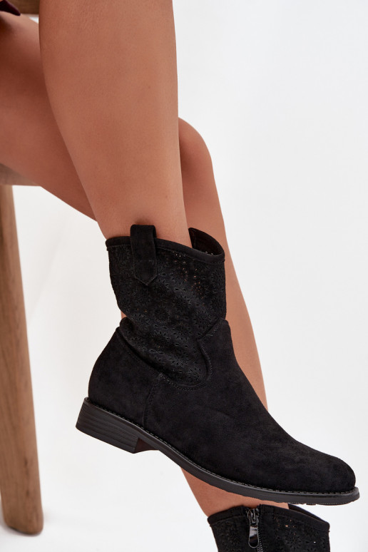 Botas femininas com salto largo com elementos abertos S.Barski HY52-530 cor preta