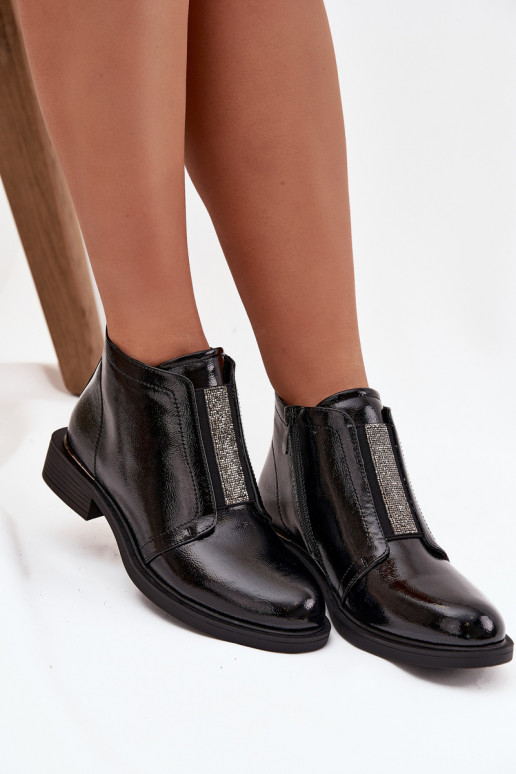 com efeito verniz aquecimento Botas femininas De salto baixo S.Barski HY52-506 cor preta