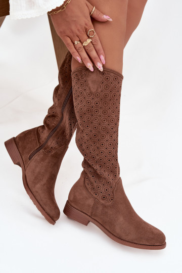 botas femininas com salto largo com elementos abertos S.Barski HY52-531 cor marrom