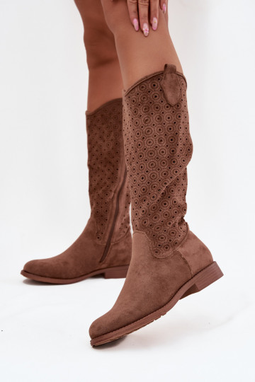 botas femininas com salto largo com elementos abertos S.Barski HY52-531 cor marrom 2