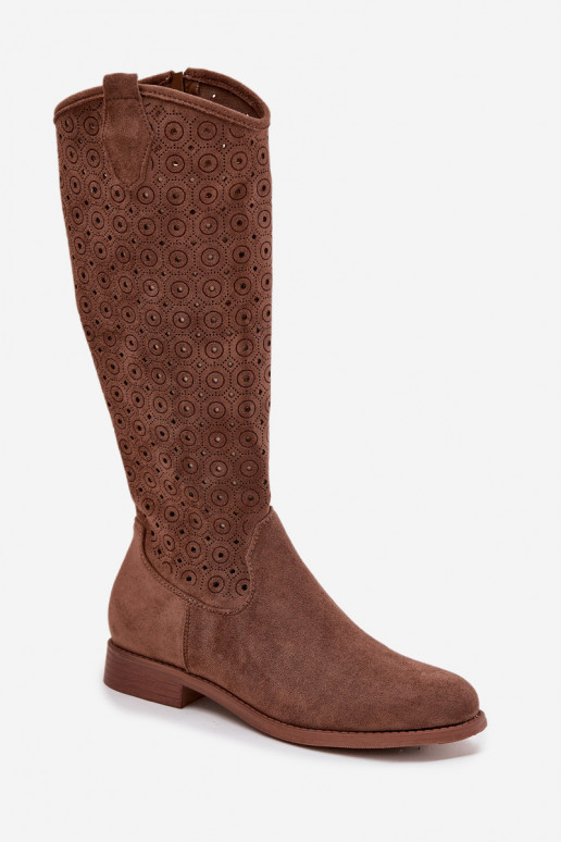 botas femininas com salto largo com elementos abertos S.Barski HY52-531 cor marrom
