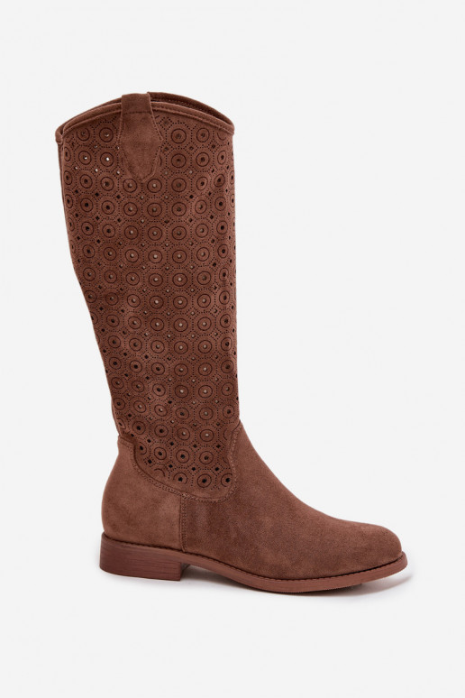 botas femininas com salto largo com elementos abertos S.Barski HY52-531 cor marrom