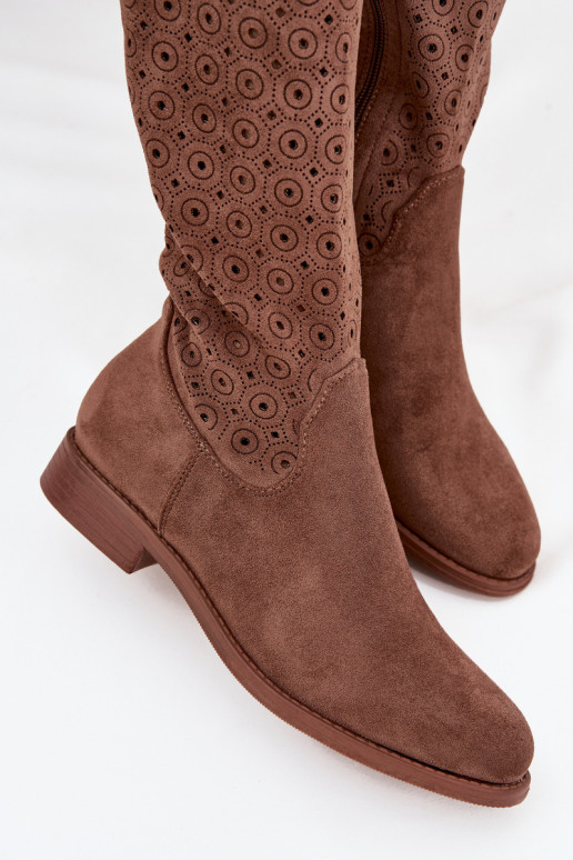 botas femininas com salto largo com elementos abertos S.Barski HY52-531 cor marrom