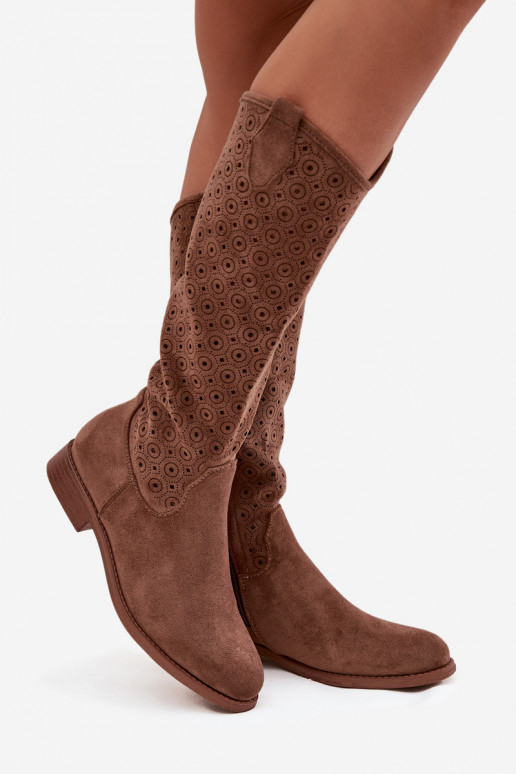 botas femininas com salto largo com elementos abertos S.Barski HY52-531 cor marrom